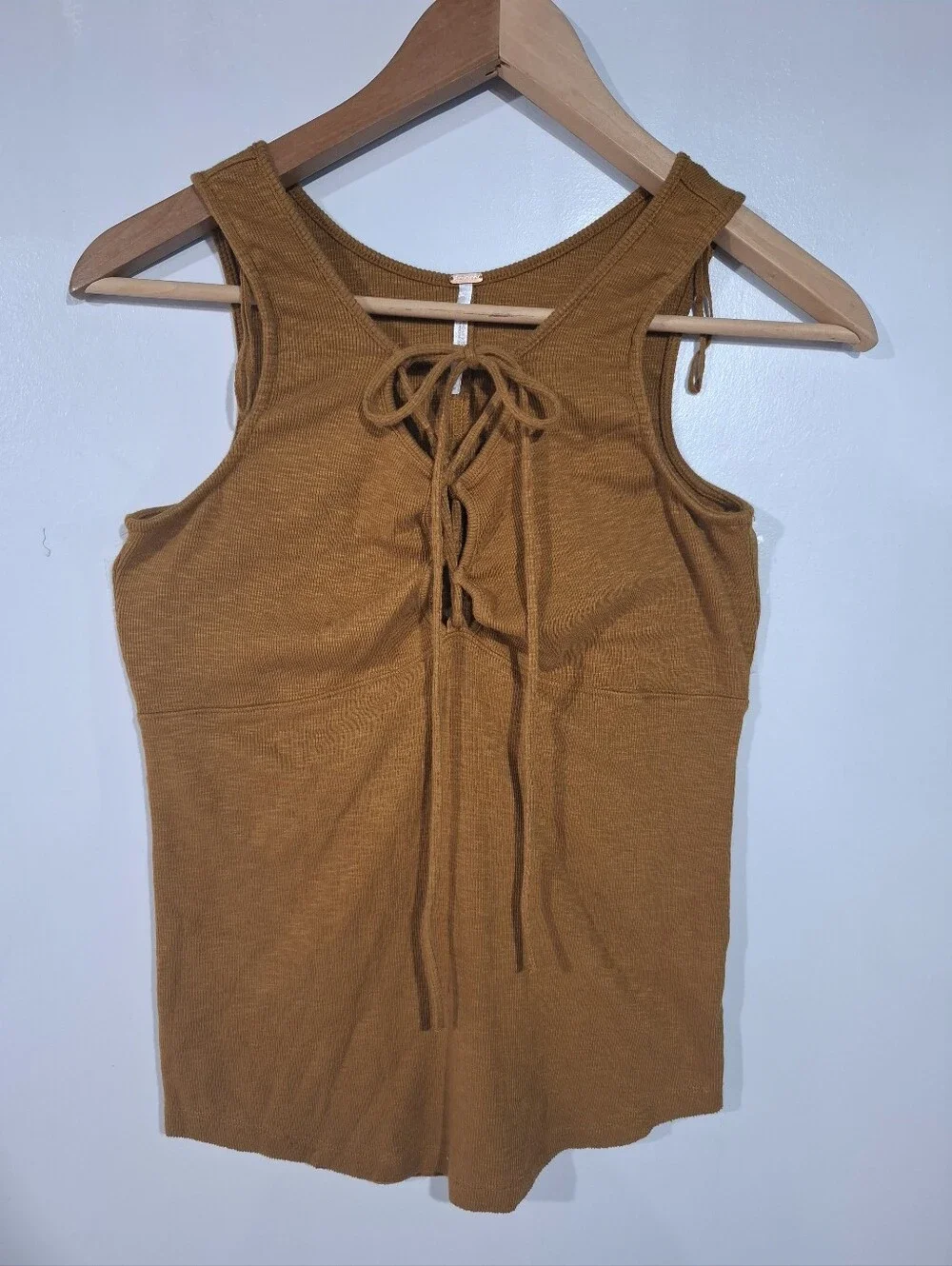 Free People Lace-Up Ribbed Tank Top - Rust Brown Sz M Babydoll Boho